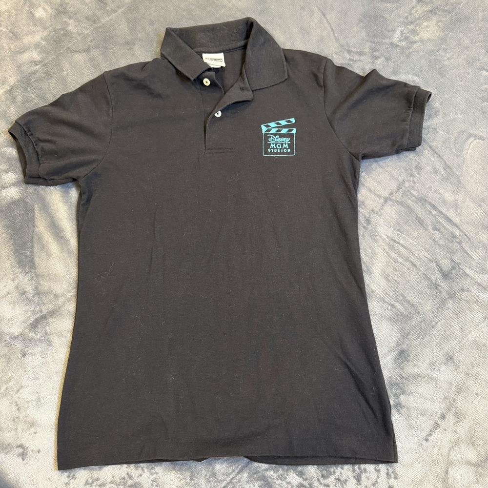 Vtg 90s Disney MGM Studios Polo Shirt Small Black Embroidered Clapper USA MADE